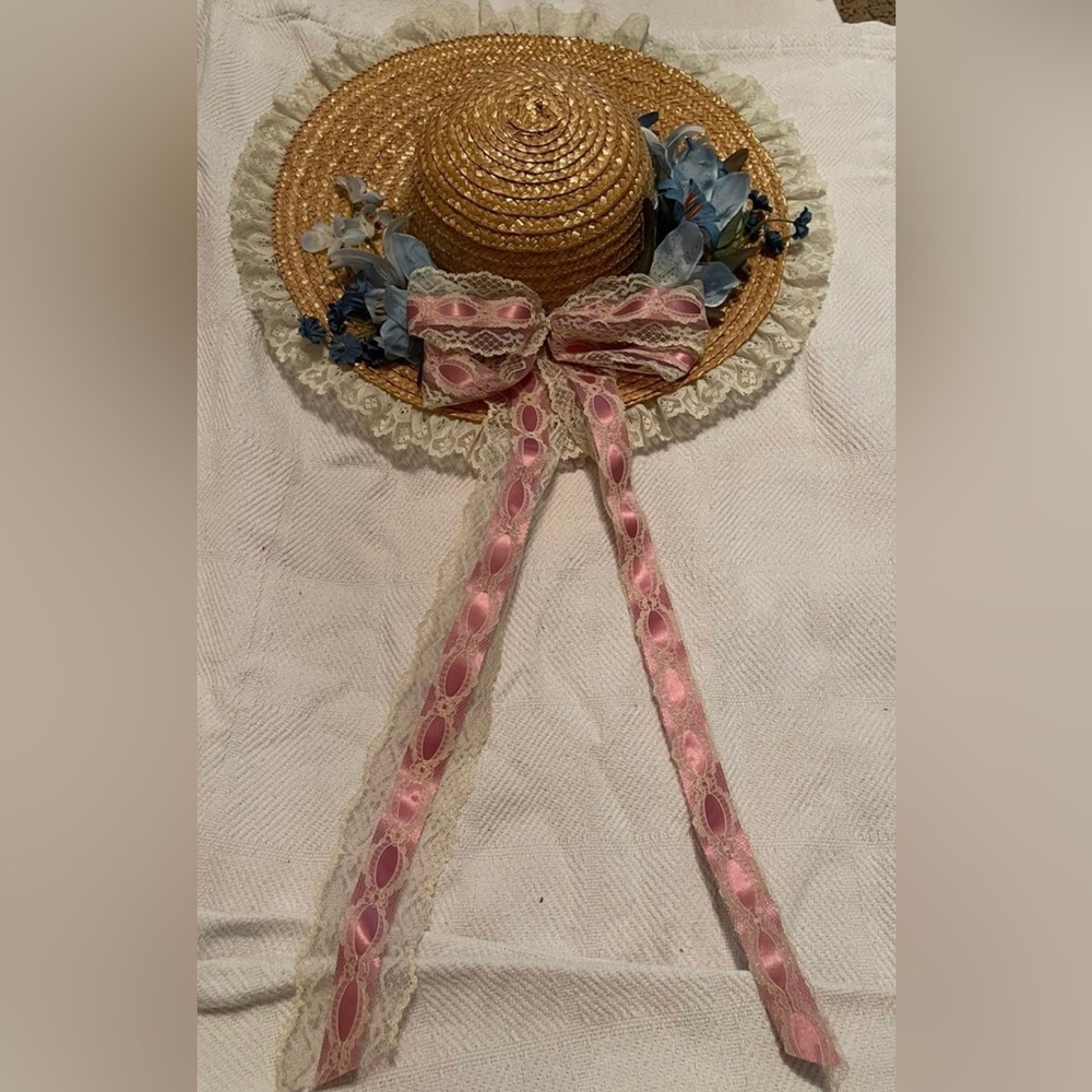 Vintage Floral Straw Hat with Pink Ribbon